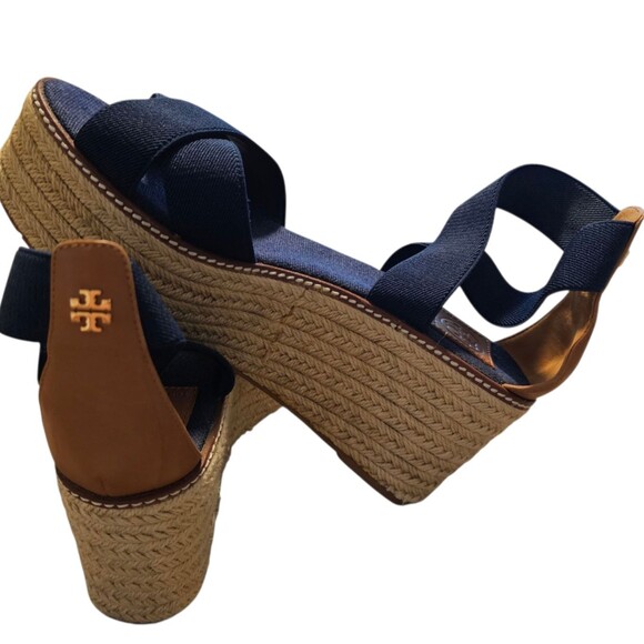 Tory Burch Freida Canvas Leather Blue Platform Espadrille Sandals Women’s Size 9 - Picture 1 of 5